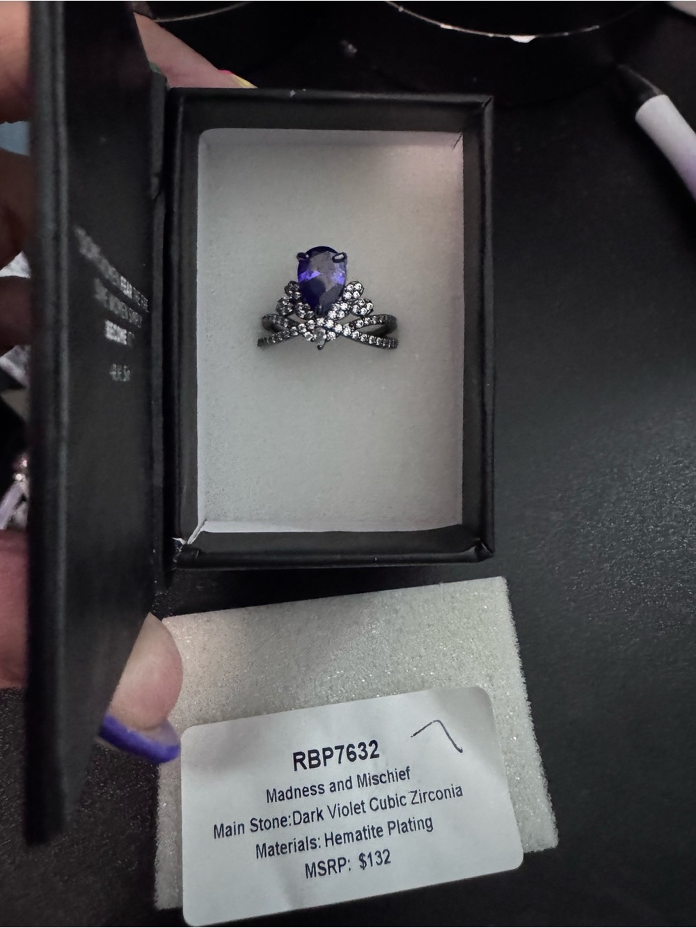 Dark Violet Cubic Zirconia Ring with Hematite Plating